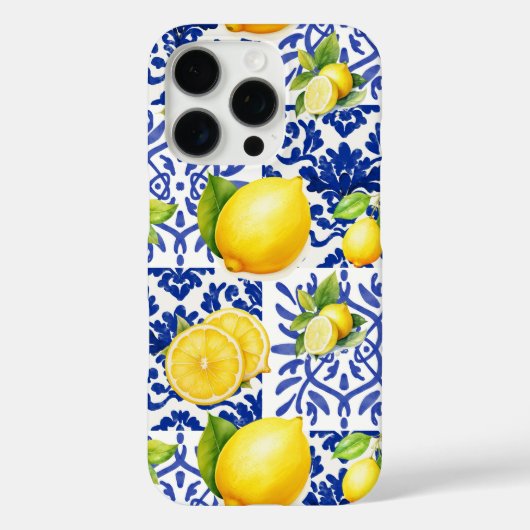 Blue White Lemon Tile Pattern Mediterranean Citrus Case-Mate iPhoneケース (裏面)