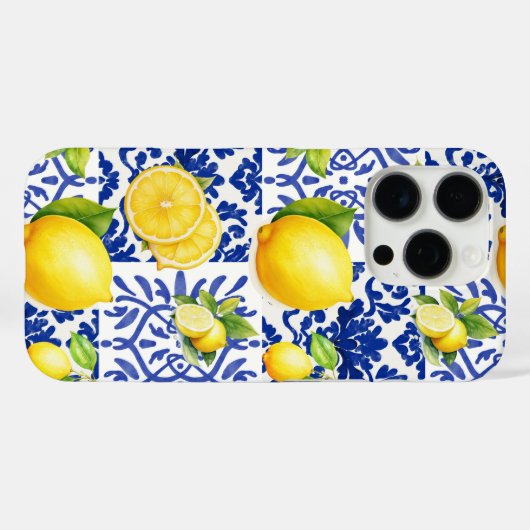 Blue White Lemon Tile Pattern Mediterranean Citrus Case-Mate iPhoneケース (裏面 (横))