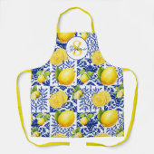 Blue White Lemon Tile Pattern Monogram Name Citrus エプロン (正面)