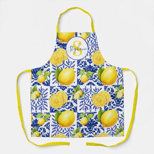 Blue White Lemon Tile Pattern Monogram Name Citrus エプロン (正面)