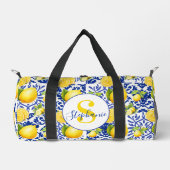 Blue White Lemon Tile Pattern Monogram Name Citrus ダッフルバッグ (正面)