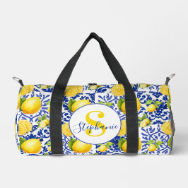 Blue White Lemon Tile Pattern Monogram Name Citrus ダッフルバッグ