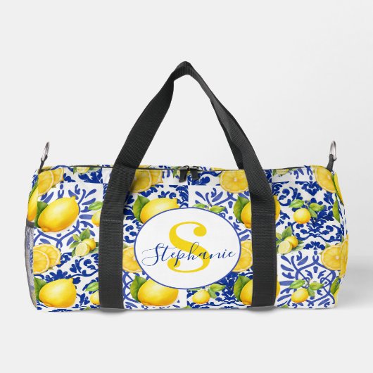 Blue White Lemon Tile Pattern Monogram Name Citrus ダッフルバッグ (裏面)