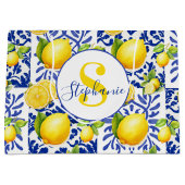 Blue White Lemon Tile Pattern Monogram Name Citrus ラージペーパーバッグ (正面)