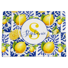 Blue White Lemon Tile Pattern Monogram Name Citrus ラージペーパーバッグ