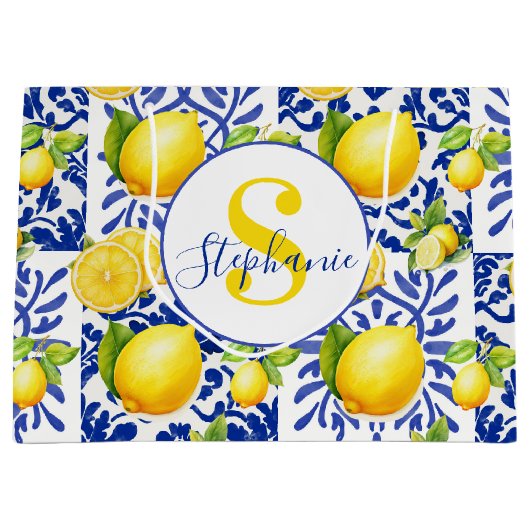 Blue White Lemon Tile Pattern Monogram Name Citrus ラージペーパーバッグ (正面)