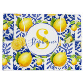 Blue White Lemon Tile Pattern Monogram Name Citrus ラージペーパーバッグ (裏面)