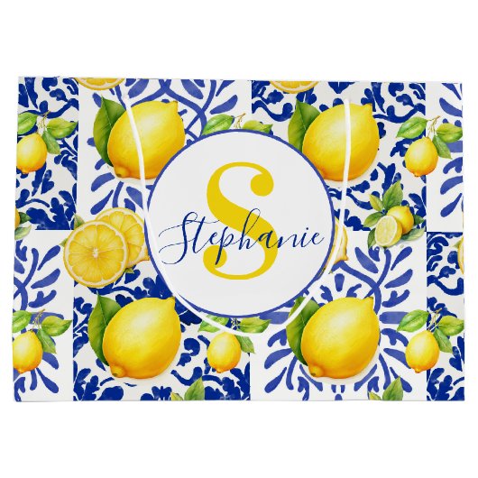 Blue White Lemon Tile Pattern Monogram Name Citrus ラージペーパーバッグ (裏面)