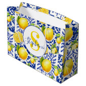 Blue White Lemon Tile Pattern Monogram Name Citrus ラージペーパーバッグ (裏面アングル)