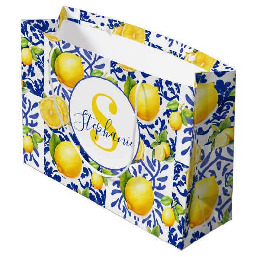 Blue White Lemon Tile Pattern Monogram Name Citrus ラージペーパーバッグ (裏面アングル)