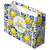 Blue White Lemon Tile Pattern Monogram Name Citrus ラージペーパーバッグ (正面アングル)