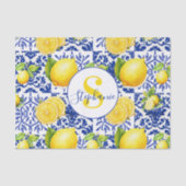Blue White Lemon Tile Pattern Monogram Name Citrus 薄葉紙 (正面)