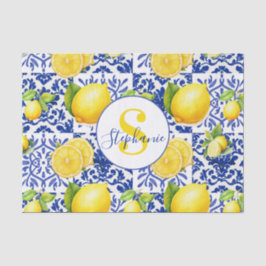 Blue White Lemon Tile Pattern Monogram Name Citrus 薄葉紙