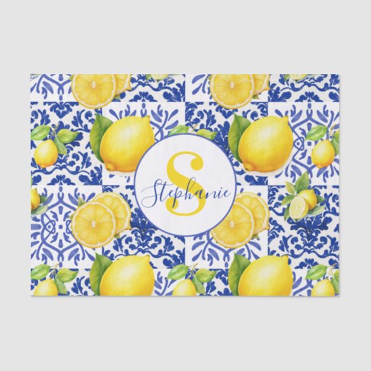 Blue White Lemon Tile Pattern Monogram Name Citrus 薄葉紙 (正面)