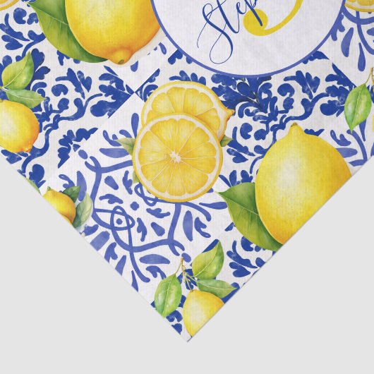 Blue White Lemon Tile Pattern Monogram Name Citrus 薄葉紙 (詳細)