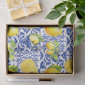 Blue White Lemon Tile Pattern Monogram Name Citrus 薄葉紙 (ギフト)