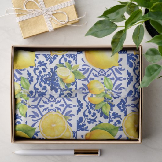 Blue White Lemon Tile Pattern Monogram Name Citrus 薄葉紙 (ギフト)
