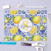 Blue White Lemon Tile Pattern Monogram Name Citrus 薄葉紙 (クラフト)