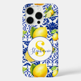 Blue White Lemon Tile Pattern Monogram Name Citrus iPhone 16 Proケース