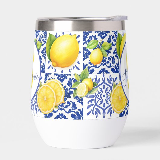 Blue White Lemon Tile Pattern Name Monogram Citrus (左面)