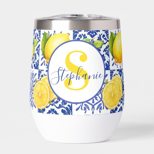 Blue White Lemon Tile Pattern Name Monogram Citrus (正面)