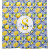 Blue White Lemon Tile Pattern Name Monogram Citrus シャワーカーテン (正面)