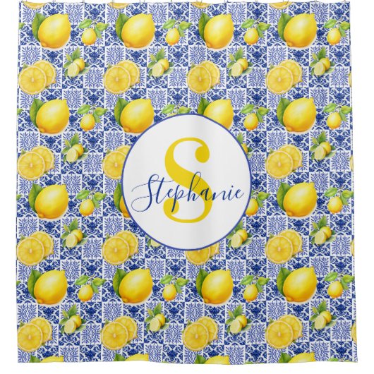 Blue White Lemon Tile Pattern Name Monogram Citrus シャワーカーテン (正面)