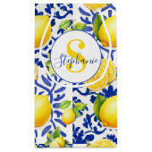 Blue White Lemon Tile Pattern Name Monogram Citrus スモールペーパーバッグ (裏面)