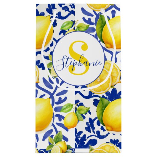 Blue White Lemon Tile Pattern Name Monogram Citrus スモールペーパーバッグ (裏面)