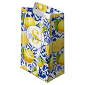 Blue White Lemon Tile Pattern Name Monogram Citrus スモールペーパーバッグ (正面アングル)