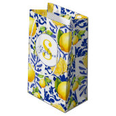 Blue White Lemon Tile Pattern Name Monogram Citrus スモールペーパーバッグ (裏面アングル)
