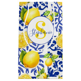 Blue White Lemon Tile Pattern Name Monogram Citrus スモールペーパーバッグ