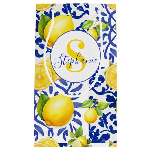 Blue White Lemon Tile Pattern Name Monogram Citrus スモールペーパーバッグ (正面)