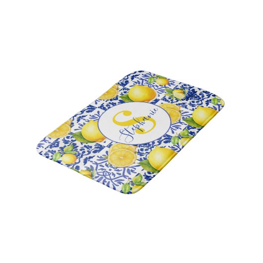 Blue White Lemon Tile Pattern Name Monogram Citrus バスマット (アングル)