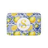 Blue White Lemon Tile Pattern Name Monogram Citrus バスマット (正面)