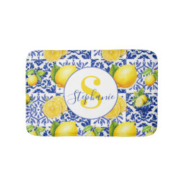 Blue White Lemon Tile Pattern Name Monogram Citrus バスマット