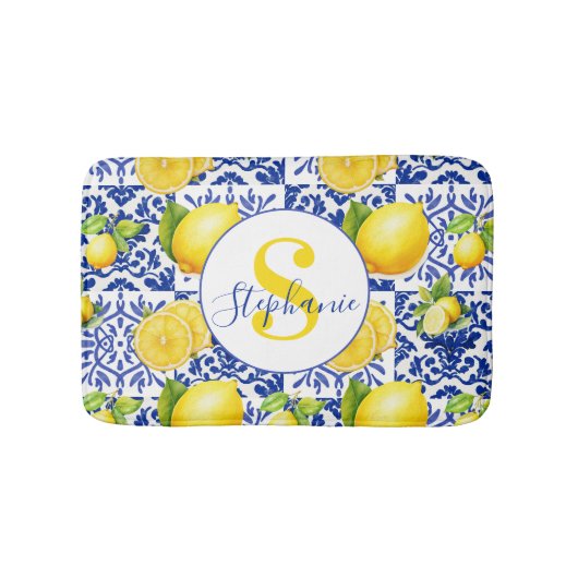 Blue White Lemon Tile Pattern Name Monogram Citrus バスマット (正面)