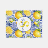 Blue White Lemon Tile Pattern Name Monogram Citrus フリースブランケット (正面(横))