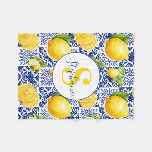 Blue White Lemon Tile Pattern Name Monogram Citrus フリースブランケット (正面(横))