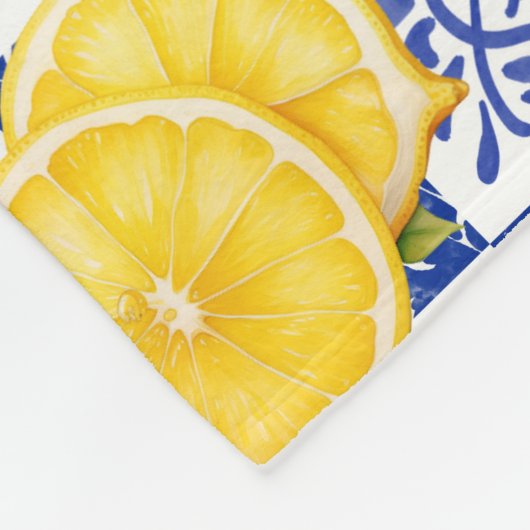 Blue White Lemon Tile Pattern Name Monogram Citrus フリースブランケット (角)