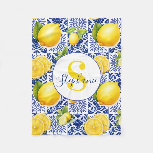 Blue White Lemon Tile Pattern Name Monogram Citrus フリースブランケット (正面)