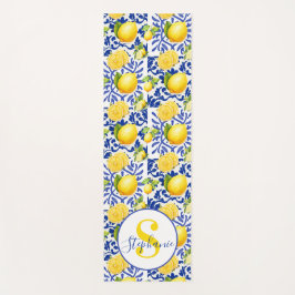 Blue White Lemon Tile Pattern Name Monogram Citrus ヨガマット