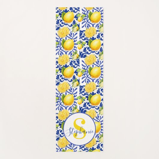 Blue White Lemon Tile Pattern Name Monogram Citrus ヨガマット (正面)