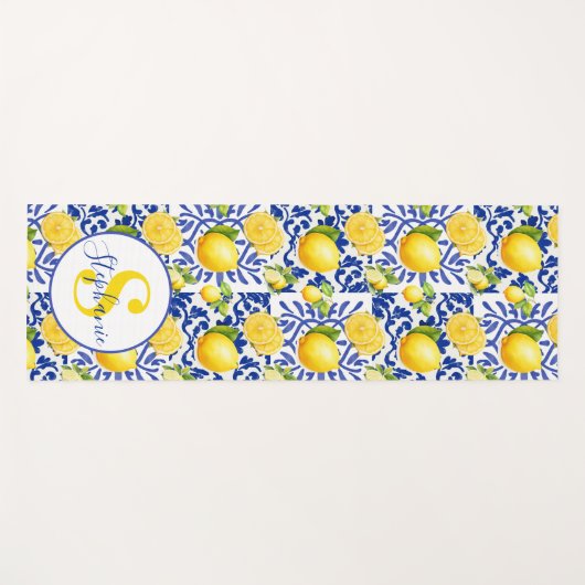 Blue White Lemon Tile Pattern Name Monogram Citrus ヨガマット (正面(横))