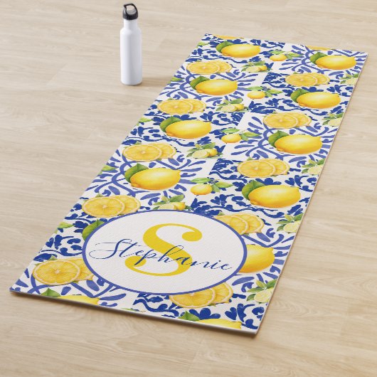 Blue White Lemon Tile Pattern Name Monogram Citrus ヨガマット (インサイチュ)