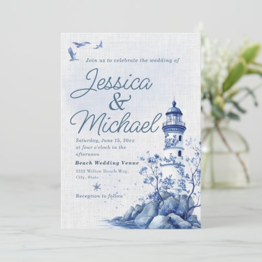 Blue White Lighthouse Coastal Beach Wedding  招待状 (スタンド正面)