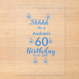 Blue white mauve shhhh 60th birthday floral name アクリル招待状