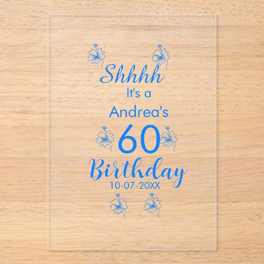 Blue white mauve shhhh 60th birthday floral name アクリル招待状 (正面)