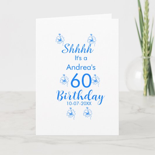 Blue white mauve shhhh 60th birthday floral name カード (正面)