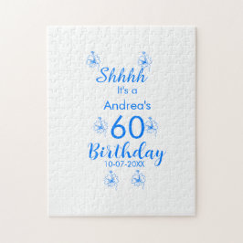 Blue white mauve shhhh 60th birthday floral name ジグソーパズル